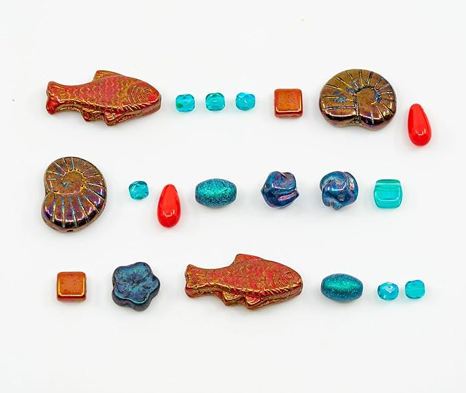 2.1 oz (60 g) Mix of Unique Czech Bohemia Glass Pressed Beads, Matte and Glossy, Hand Made, Coral Red Turquoise New