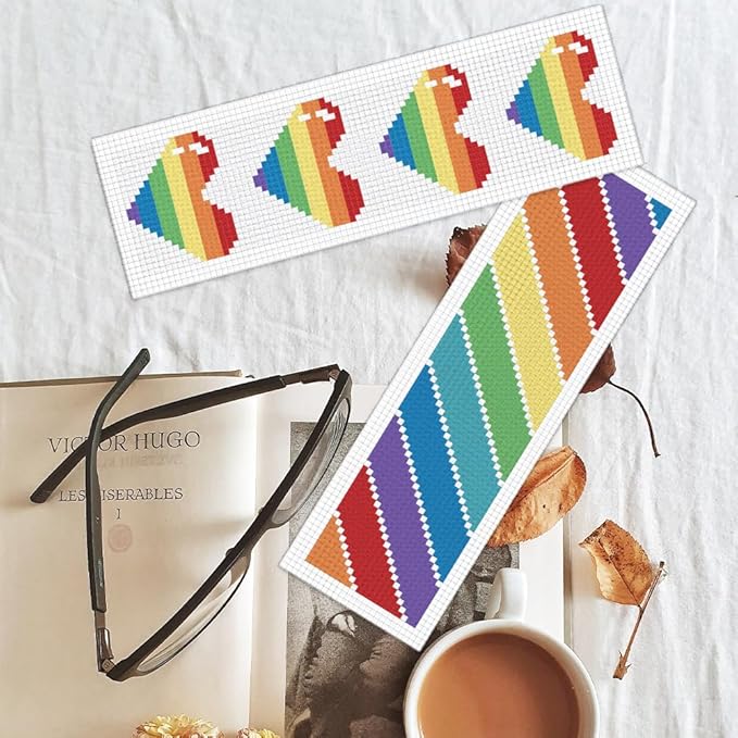 BEUNITONE Cross Stitch Bookmark Kit 6 Pcs Rainbow DIY Bookmarks Cross Stitch Kits for Adults Beginners Love Heart Pre-Sorted Floss Cross-Stitch Stamped Embroidery Kit with Instruction 8''x2.4''