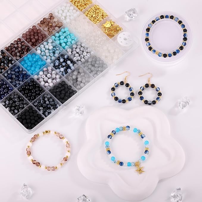 funtopia glass beads for jewelry making, 1377pcs neutral tones bracelet making kit, 24 colors 6mm round glass beads, marble loose beads and gold spacer beads, diy crafts gifts for women men