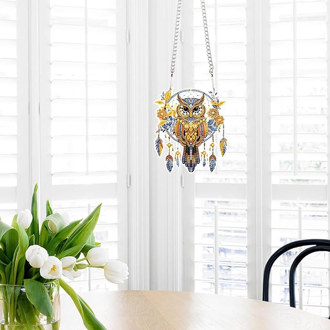 AiYuanzsh DIY Diamond Art Painting Hanging Pendant Kit Dreamspreader Owl Special Shaped Diamond Art Acrylic Ornaments for Adults Home Wall Window Decor Gift
