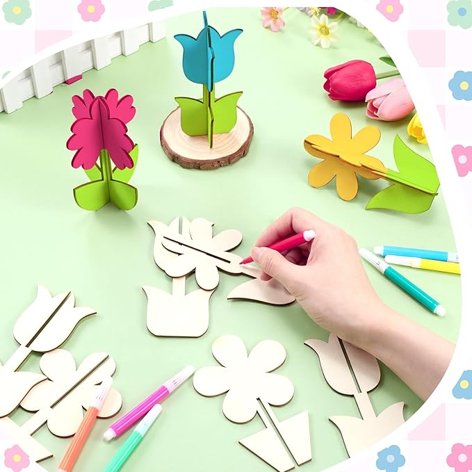 Blosssound 48 Pcs Spring Crafts Set 36 Pcs 3D Wooden Flower Cutouts Wood Unfinished Tulip Slices to Paint with 12 Colored Markers for DIY Mother's Spring Crafts Handmade Table Tiered Tray Decor