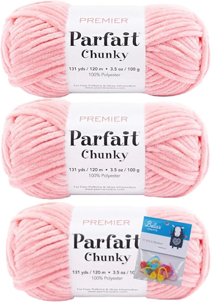 Premier Yarns Parfait Chunky Chenille Yarn 3.5 Oz 6 Super Bulky Weight 3 Pack Bundle Bella's Stitch Holders (Pink Lemonade)