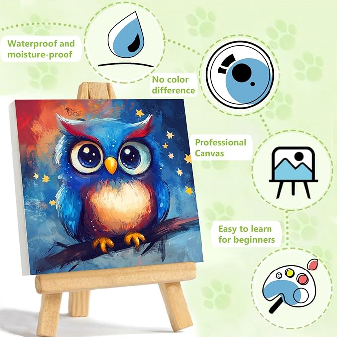 Reivworl Paint by Numbers Kit for Kids with Frame and Easel, Owl Paint by Number for Kids Age 6-8-12, Acrylic Paint by Numbers for Gifts and Home Decor (8X8inch)