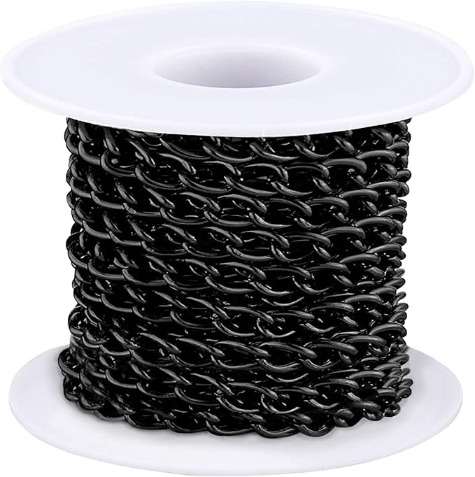 jishi 16ft aluminium curb chain roll, thick twisted chain links, black plated metal craft chain curb link chain spool for jewelry making necklace bracelet diy crafts, jewelry making findings supplies