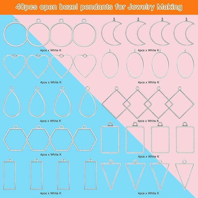 40pcs Open Bezel Pendants for Resin,10 Styles Hollow Frame Pendants Blank Resin Pendants Resin Casting Frame Pendant for Jewelry Making,Resin Casting,Necklace,Pressed Flower,DIY Crafts(White K)