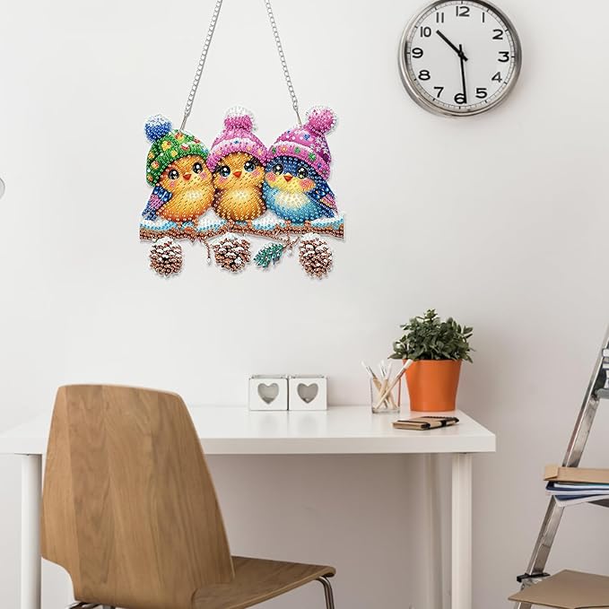 Miwixy Christmas Hanging Diamond Art Kits for Adults,Cute Birds Winter Special Shaped Crystal Christmas Diamond Painting Ornament Kit DIY Double-Sided Pattern Window Pendant Gem Art Home Wall Decor