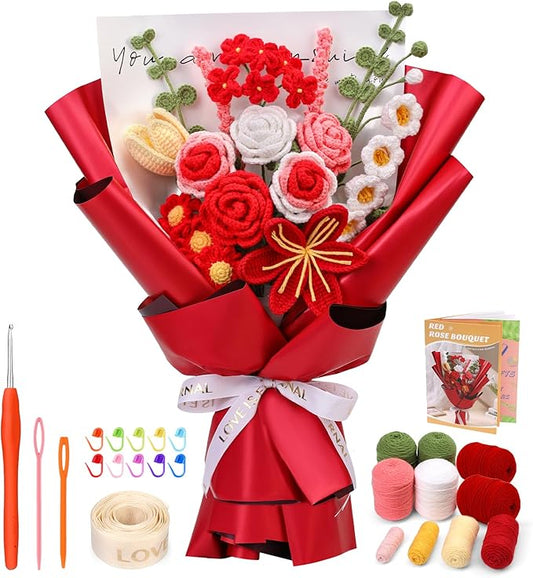 Iuuidu Crochet Kit for Beginners, Flower Bouquet Crochet Kit Rose, Crochet Starter Kit for Beginners with Step-by-Step Video Tutorials for Birthday Anniversary Day Present, Home Decor (Red)