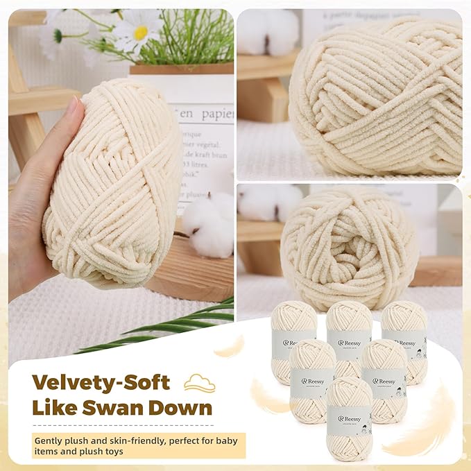 Bulky Chenille Yarn for Crocheting – 6 Pack of 50g/1.76oz Skeins, Pure Polyester, CYC #5 Bulky Weight – Ultra Soft Chenille Yarn Pack for Crafting Plush Toys, Blankets, Scarves(Beige)