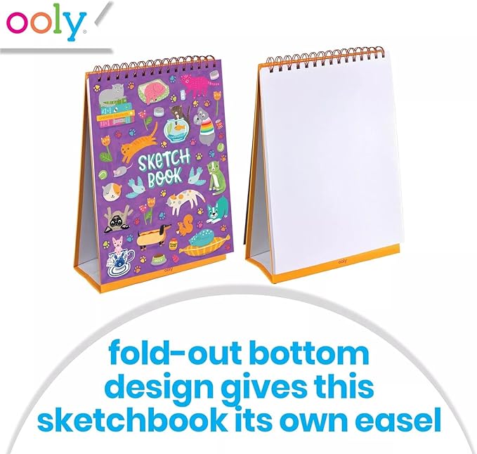 OOLY Sketch and Show Standing Sketchbook, 45 Large 10.5 x 8 Perforated Pages, 120 GSM/ 32lb Perfect for Markers and Colored Pencils - Pets at Play