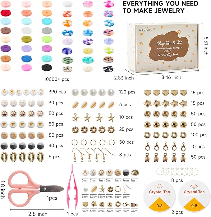 INSCRAFT 11000 Pcs Clay Beads for Bracelet Making Kit, 48 Colors Flat Round Polymer Clay Beads, Friendship Bracelet Kit Heishi Beads for DIY Jewelry Making, Crafts Gift for Girls Teen Ages 6-12