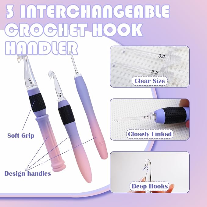Lewhoo 17 Sizes Ergonomic Crochet Hook Set with Case 2.5mm-14.0mm, 3PCS Interchangeable Handles with Screw-Lock Connection, All in One Crochet Set for Beginner