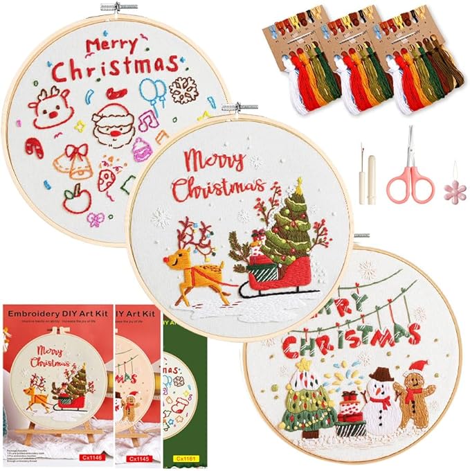christmas embroidery kits: 3 pack cross stitch kit for beginners adults, diy ornaments craft kit with all tools & instructions, stamped hand embroidery starter kit for holiday crafts & xmas home decor