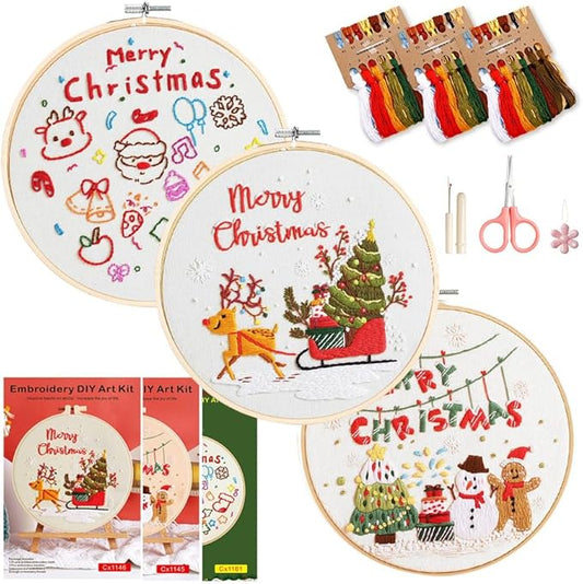 christmas embroidery kits: 3 pack cross stitch kit for beginners adults, diy ornaments craft kit with all tools & instructions, stamped hand embroidery starter kit for holiday crafts & xmas home decor