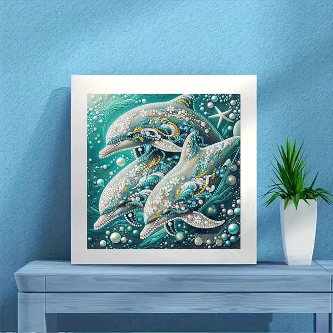Dolphin Animal Diamond Art Kits for Adults Beginner,5D Diamond Painting Kits for Dolphin Family,DIY Special Shape Gem Painting Crystal Rhinestones Crafts Art Kits,Home Wall Decor 11.8 X 11.8Inch