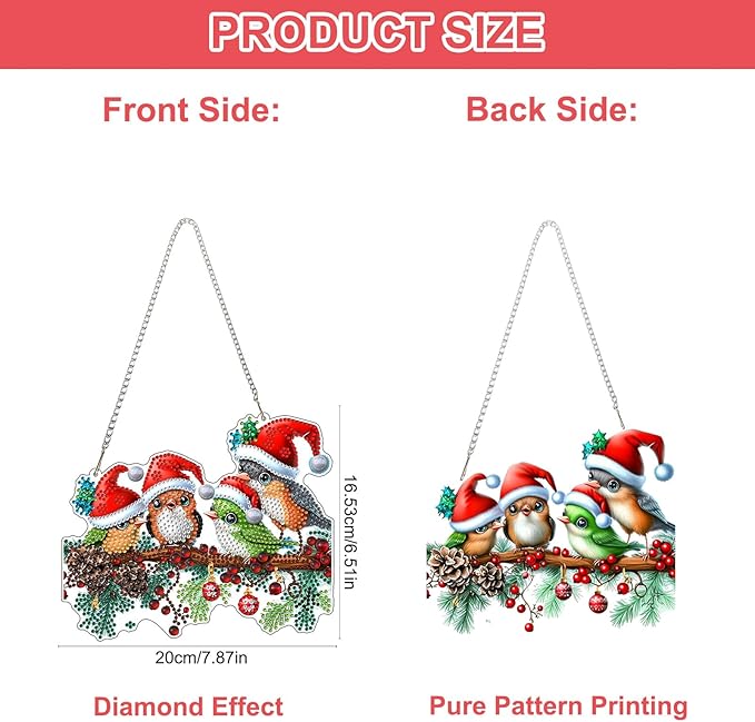 QENSPE DIY Hanging Diamond Painting Pendant Kit Berries,Christmas Birds Diamond Art Ornament Kit Acrylic Board for Window,Easy Crystal Pendant Gem Art for Home Garden Wall Decor,20x20cm