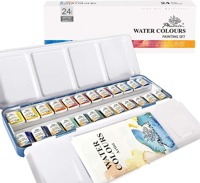 PHOENIX Artist Watercolor Paint Set - Half Pan 24 Colors Quality Pigment Watercolor Palette with Portable Tin Box for Adults, Professional Artists