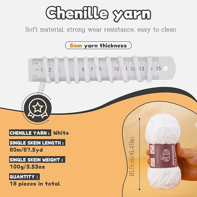 LUNARM 18 Skeins Chenille Yarn for Crocheting, Handmake Weaving Thick Soft Chunky Yarn for Blankets Clothes Crochet Craft with Crochet Hooks Needles Stitch Markers,3.53oz/Skein(White)
