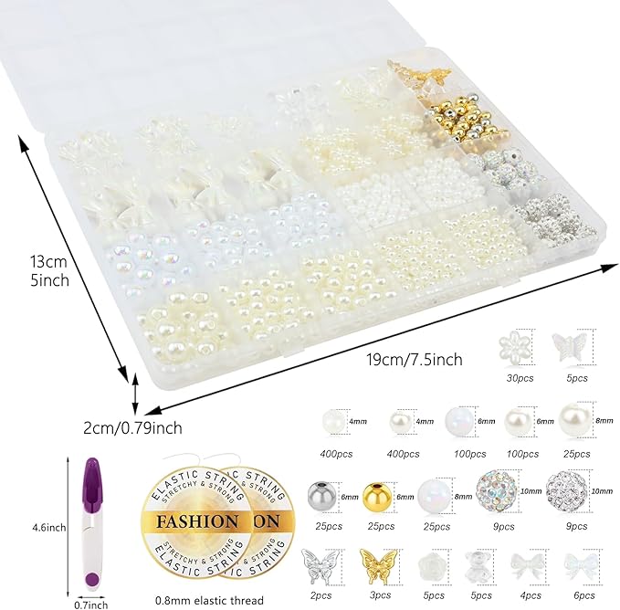 1178 Pcs Pearl Beads for Bracelet Making Kit Flower Rhinestone Beads for Jewelry Making Gold Silver Bracelet Bead Necklace Earrings DIY Craft for Women Adult Small Pearls Bead for Crafting