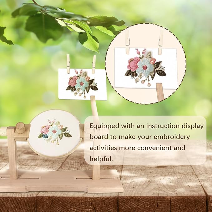 adjustable embroidery hoop stand,embroidery kit with 4pcs different size embroidery hoops,1 embroidery tool kit,1 pair of thimbles,wooden embroidery hoop holder for beginners.