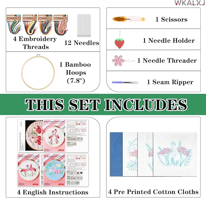 WKALXJ 4 Sets Embroidery Kits for Beginners to Advanced, Cross Stitch Kits Needlepoint Kits Crafts for Adults, Needle Point Kits with Flamingo Plant Pattern(Advanced Flamingo)