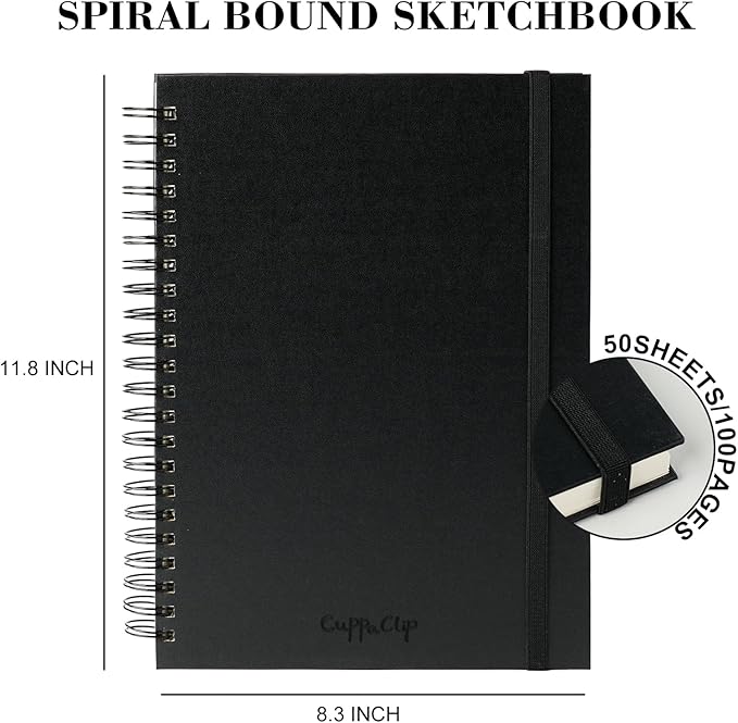 CuppaClip Sketch Book Hardcover Drawing Pad 300GSM Acid-Free Paper Spiral Bound Sketchbook 50 Sheets/100 Pages Art Supplies (Spiral Binding, 8.3x11.8in)