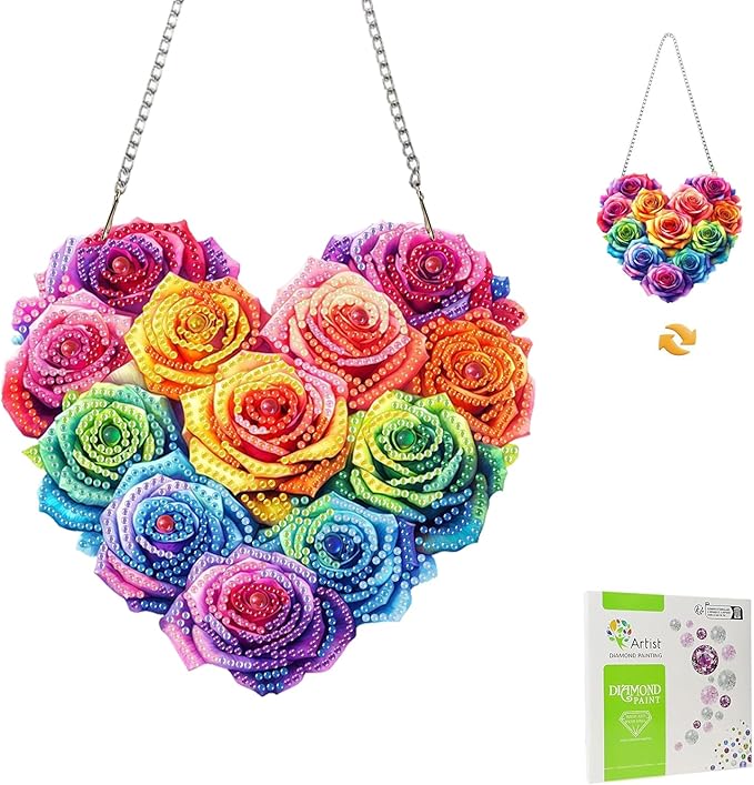 Masendp Multicolored Roses Hanging Diamond Art Kits for Adults, Special Shaped Heart-Shaped Diamond Painting Pendant Ornaments Kit DIY Crystal Rhinestone Gem for Home Decoration and Gifts