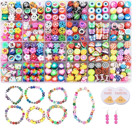 500 Pieces Polymer Clay Beads for DIY Jewelry Making, 24 Style Cute Clay Bead Animal Beads Flower Football Sports Beads Charms for Bracelets Necklace Crafts Kits for Adults Women