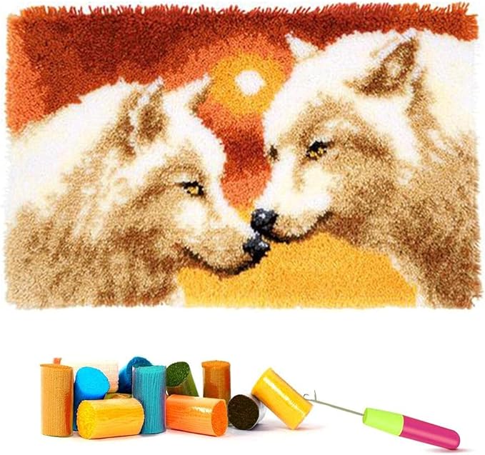 Latch Hook Kits for Adults - DIY Latch Hook Rug Kits, Crochet Kit for Beginners, Rug Making Kits with Printed Canvas, Gift Packaging.(White Wolf King, 20x15)