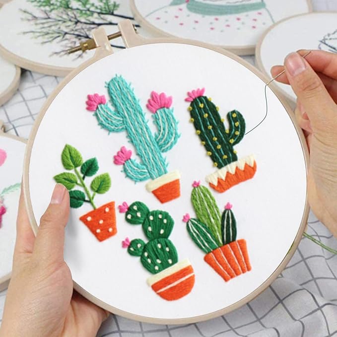 Louise Maelys 3 Sets Cactus Embroidery Kits for Beginners,Cross Stitch Kit for Adults,Crewel Starters Needlepoint with Plants Pattern, Hoop and Instruction