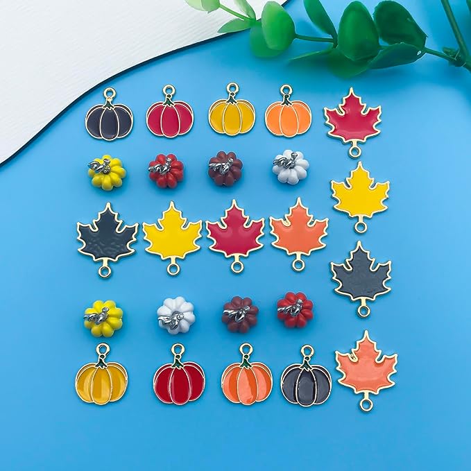 Youdiyla 48pcs Alloy enamel maple leaf pumpkin set series Pendant Jewelry Making DIY Keychain Earrings Pendant Various Design Charms for Jewelry Making Bracelets Necklace (SN279)