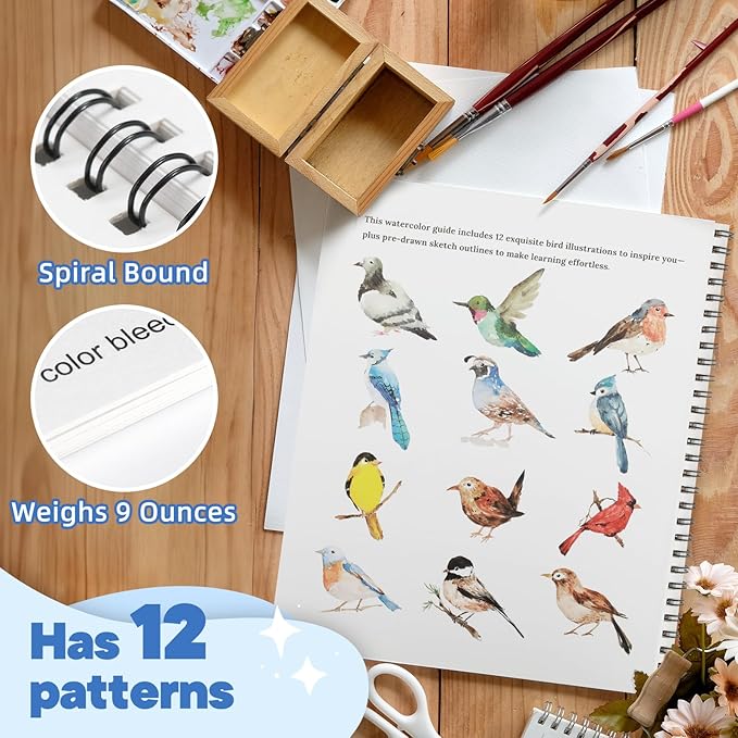 Teswarha Watercolor Workbook Using Thick Real Cotton Watercolor Paper for Adults Teens Spiral Bound 300GSM Art Paper 12 Sheets Birds 8.2 x 9.8in