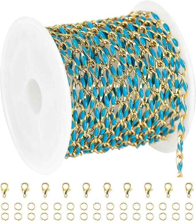 YOUBEIYEE 2 Meters Lake Blue Enamel Cable Chains Bulk Gold Plated Chain for Jewelry Making Brass Chain Necklace DIY Jewelry Supplies