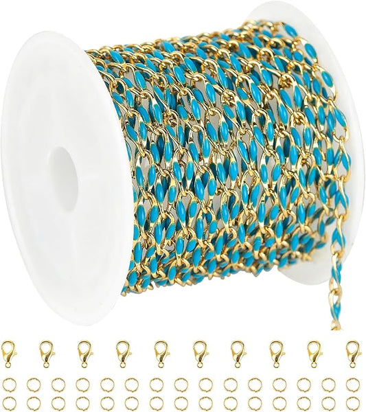 YOUBEIYEE 2 Meters Lake Blue Enamel Cable Chains Bulk Gold Plated Chain for Jewelry Making Brass Chain Necklace DIY Jewelry Supplies