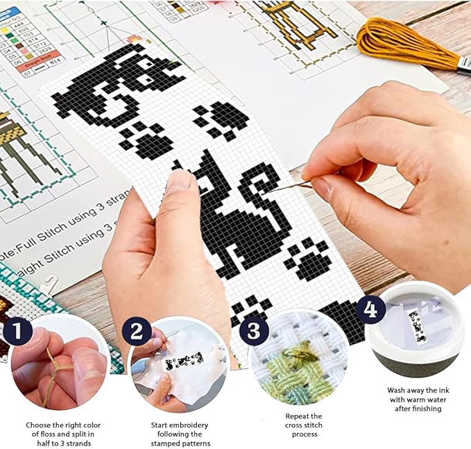 FREEBLOSS 6 Set Cross Stitch Bookmark Kit Stamped Cross Stitch Kit Black Cat Embroidery Set with Instruction for Adults 8''*2.4''