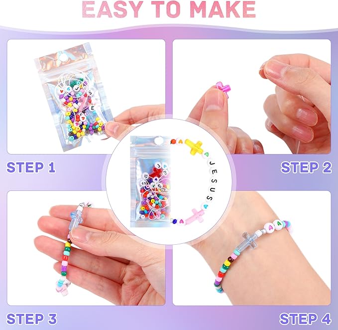 Tondiamo 24 Pack Christian Bead Bracelet Kits with Jesus Letter Beads, Heart Beads & Elastic Strings Religious Jesus Bible Crafts for Church Events, Sunday & Personal Crafting