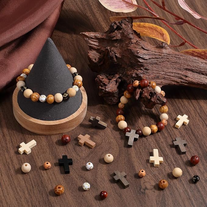 SUNNYCLUE 1 Box 280Pcs Wood Cross Charms Wooden Cross Beads Easter Rosaries Crucifix Bead Small Crosses Mini Cross Charm Round Spacer Loose Beads for Jewelry Making Kits DIY Earrings Bracelet Necklace
