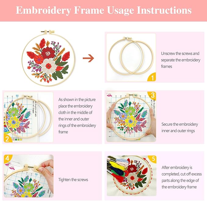 Zhenqing 4-Piece Nature Themed Cross Stitch Kit - Deer, Tree, Fish & Flower Designs with Pre-Printed 11CT Fabric, Hoop & Tools for Beginners (69180)