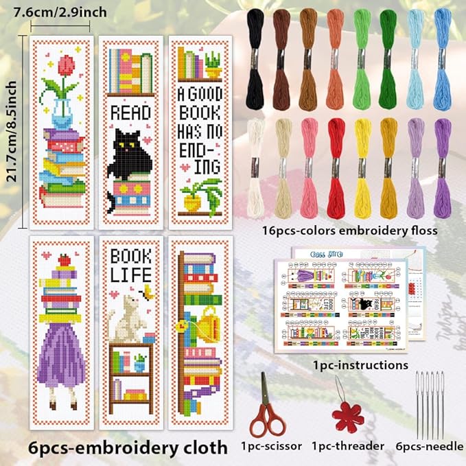 ACRNIGHEET 6PCS Cross Stitch Bookmark Kit for Beginner Bookshelves Stamped Cross Stitch Kits for Adults DIY Embroidery Bookmark Kits Crossstitch Kits Adult with Instructions Hand Craft Gift 11CT