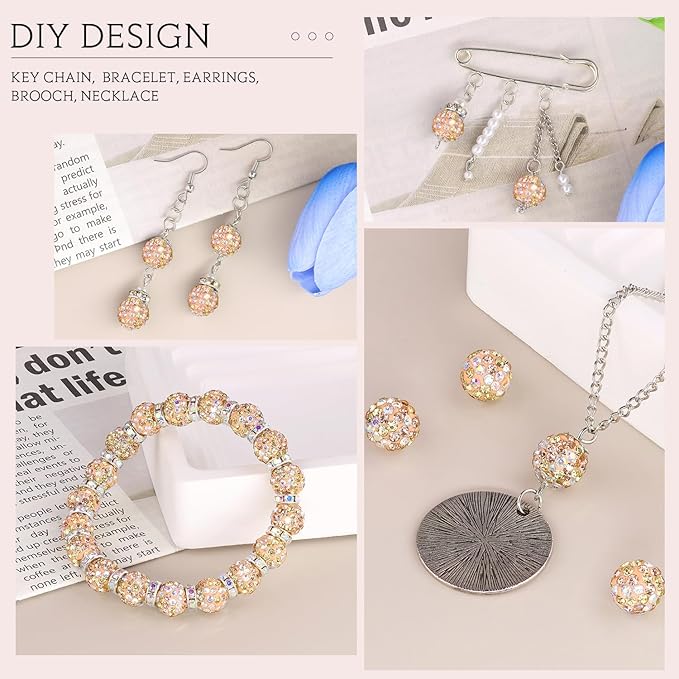 200pcs 10mm Light Peach AB Rhinestone Beads for Jewelry Making, Shiny Round Shamballa Disco Ball Beads, Sparkle Crystal Clay Christmas for Bracelet Baseball Necklace Earring Crafting and DIY