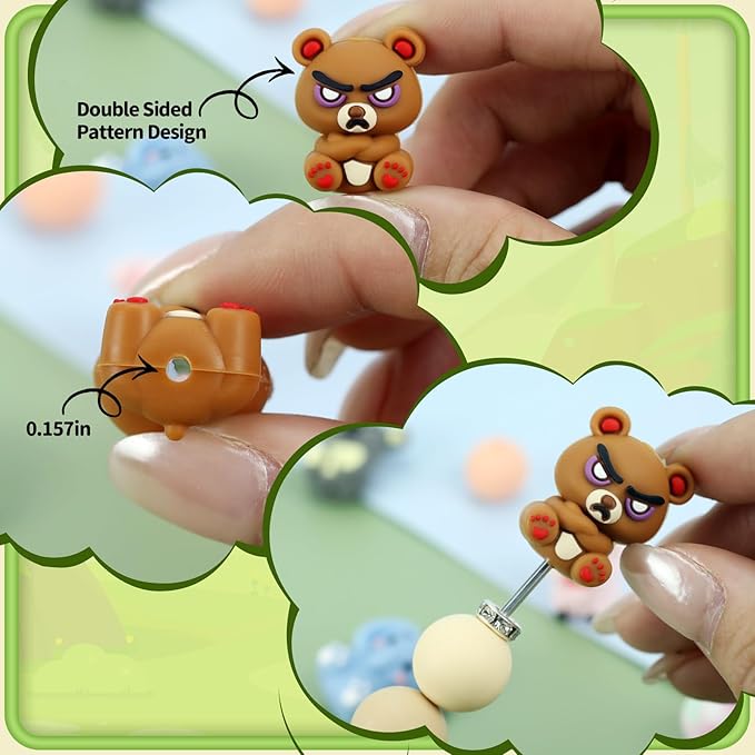 12pcs 3D Animals Silicone Focal Beads Silicone for Keychain Making Beads for Pens Shape for Bracelet Necklace Crafts （3D Animals style2.0）