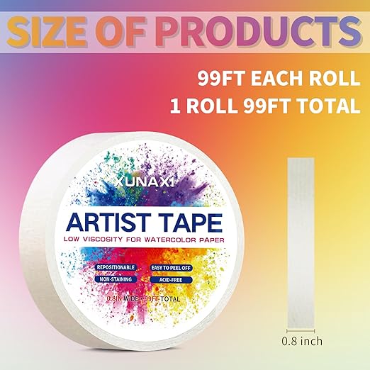 1 Pack Art Tape, Artist Tape for Watercolor Paper Low Tack White Painters Tape for Drafting Art Painting Canvas Framing Acid Free Masking Tape-0.8IN Wide 99FT Long Total