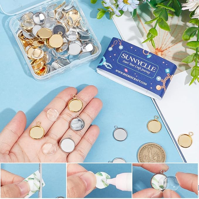 SUNNYCLUE 1 Box 120Pcs Blank Dome Pendant Making Kit Cabochon Settings Bezel Pendant Blanks Memorial Photo Charm Transparent Glass Cabochons with Round Pendant Trays for Jewelry Making DIY Findings