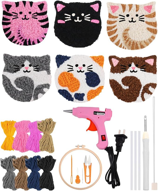 AceList 6 Pcs Punch Needle Kit with Cat Pattern, Easy Punch Needle kit for Beginners and Adults, DIY Punch Needle Coaster Kit with Tools Tufting Cloth Hoop Yarns Hot Melt Glue Gun - Art Craft Gift