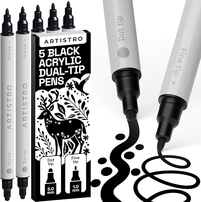 ARTISTRO 5 Black Acrylic Paint Markers for Rock, Fabric, Wood, Glass, Eggs - Dual-Tip Paint Pens for Coloring Books for Adults, Teens, Kids - Art & Craft Supplies - Gift Idea - Easter Basket Stuffers