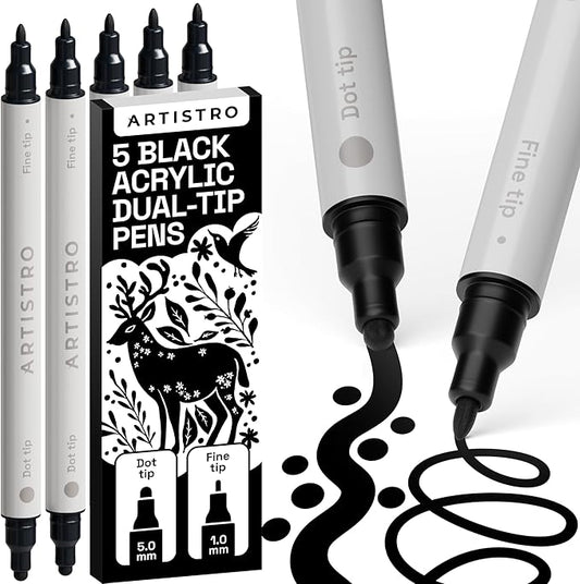 ARTISTRO 5 Black Acrylic Paint Markers for Rock, Fabric, Wood, Glass, Eggs - Dual-Tip Paint Pens for Coloring Books for Adults, Teens, Kids - Art & Craft Supplies - Gift Idea - Easter Basket Stuffers