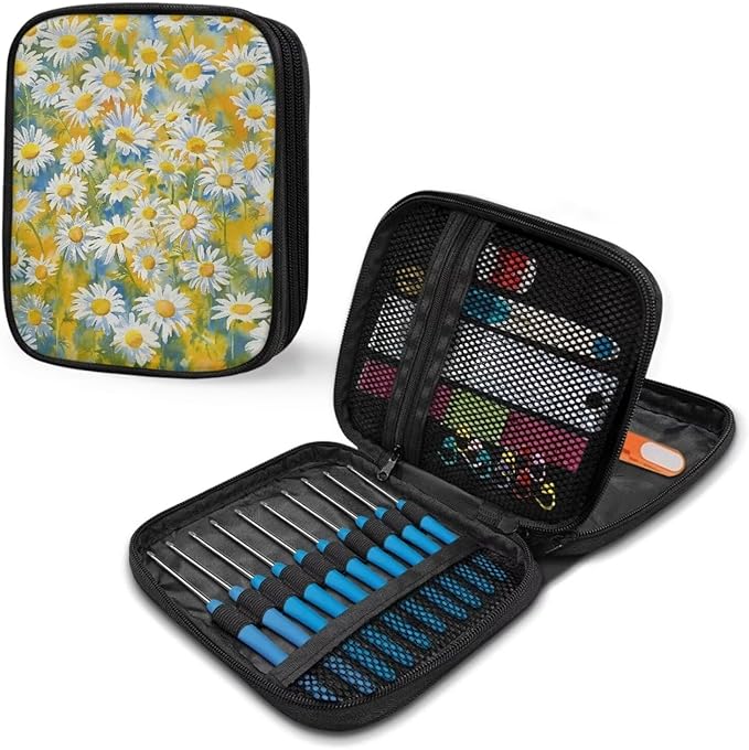 Hechitok Daisy Print Crochet Hook Case Zipper Storage Organizer Bag with Pockets for Various Crochet Needles/Knitting Accessories/Crochet Hook Kit Tools