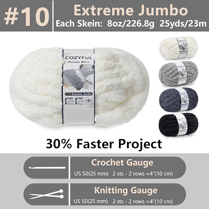 Chunky Yarn for Hand Knitting - #10 Chunky Chenille Yarn, Jumbo Big Thick Chunky Yarns for Crocheting, Super Bulky Chunky Knit Blanket Yarns, 8 Skein (25yd, 8oz/Skein), Cream & Multi Grey