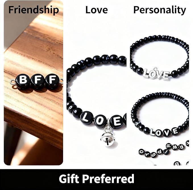 nikkiGuo 1250 PCS Letter Beads Kit with Elastic Cord – Alphabet A–Z, Numbers, Heart, Moon, Star, Smiley Beads for Friendship Bracelets & DIY Jewelry (Black Beats & White Letters)