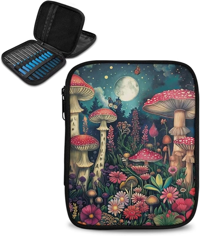 Hechitok Mushroom Empty Crochet Hook Case Portable Travel Crochet Storage Bag Organizer Zipper Bags with Web Pocket and Crochet Holder Slots for Crochet Knitting Accessories