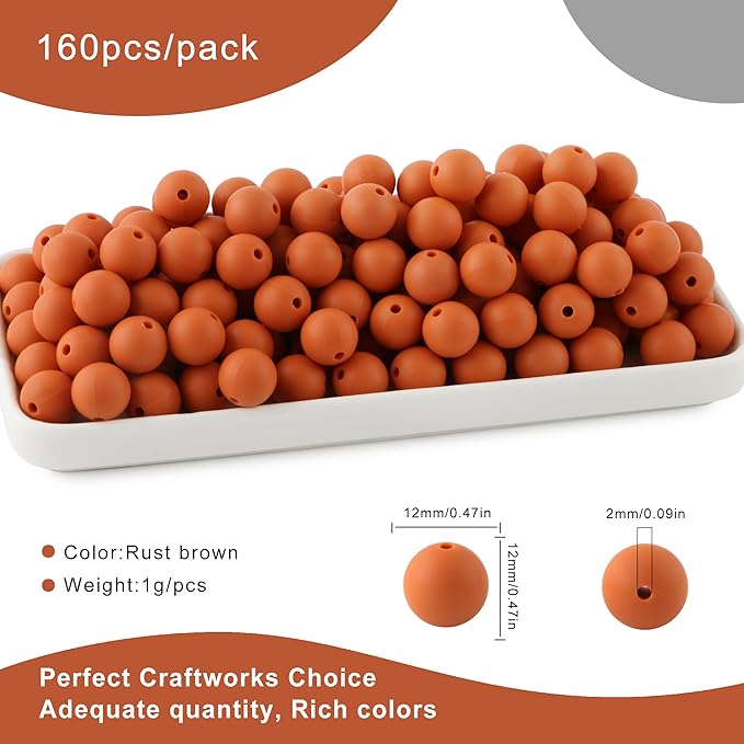 160Pcs 12mm Silicone Beads for Keychain Making Bracelet Necklace, Bulk Round Silicone Beads for Pens(Rust Brown)